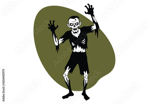 A frightening zombie with tattered clothes and exposed bones stands with its arms raised, embodying the horror of the undead