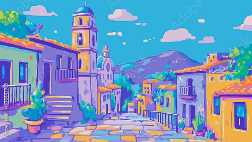 Charming street leading downhill in a vibrant Italian village bathed in sunlight