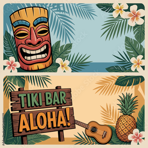 Tropical Tiki Bar Aloha Invitation Template with Tiki Mask Ukulele Pineapple and Palm Leaves for Summer Vacation