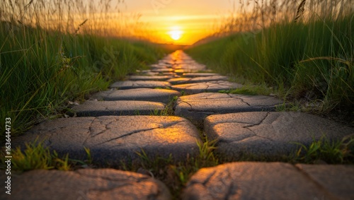 A stone path leading to the sunset with green grass on either side of the path in the countryside