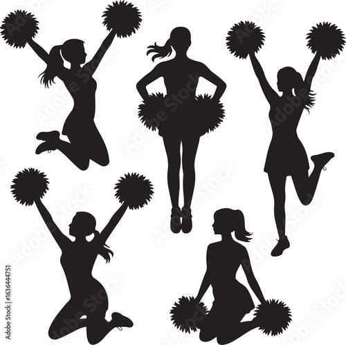 Five cheerleader silhouettes in dynamic poses with pom poms on white background Keywords