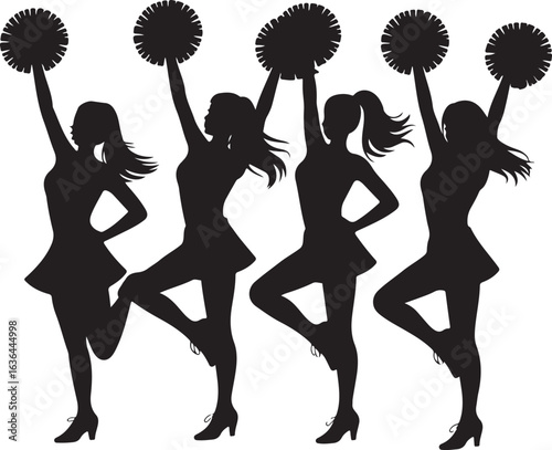 Four cheerleader silhouettes with pom poms raised in a row on white background Keywords: cheerleading