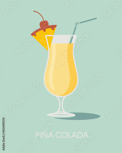 Refreshing Pia Colada Cocktail with Pineapple Slice and Cherry Illustration for Summer Vacation Vibes and Tropical Getaways