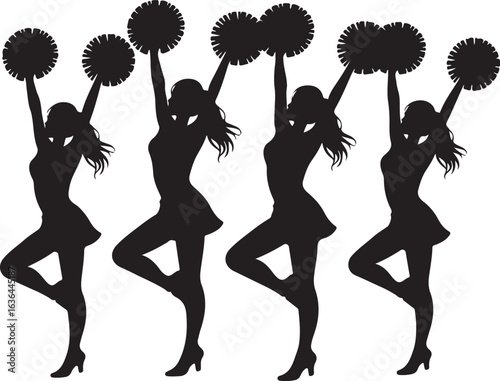 Four cheerleader silhouettes with pom poms raised on white background Keywords: cheerleading