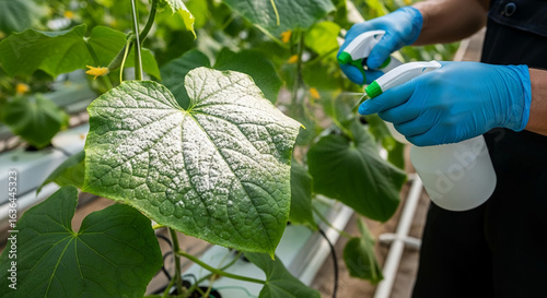 Agricultural worker spraying a green cucumber plant in a modern greenhouse