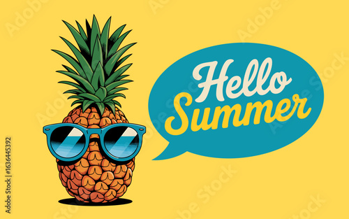 Cheerful Pineapple with Sunglasses and Hello Summer Message Promoting Vacation Vibes and Tropical Getaways for Seasonal Designs and Fun Imagery