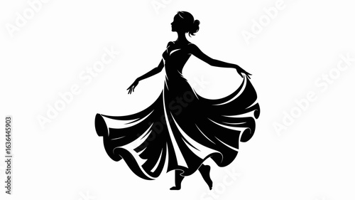 Vector art of silhouette of a graceful ballerina in a flowing dress performing a ballet dance with elegance and poise isolated on white background