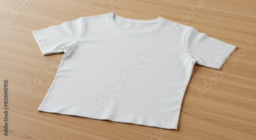 Blank White T-Shirt Mockup on Light Wood Table.