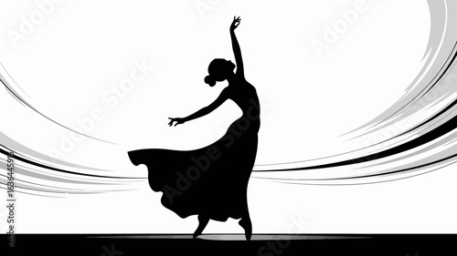 Vector art of silhouette of a graceful ballerina in a flowing dress performing a ballet dance on stage with elegance and poise isolated on white background