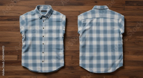 Blue and White Plaid Short-Sleeve Shirt: Front and Back View on Wood.