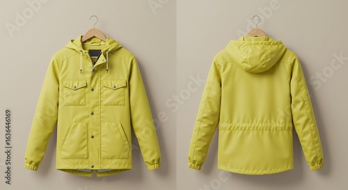 Chartreuse Hooded Rain Jacket Front and Back Views on Hanger.