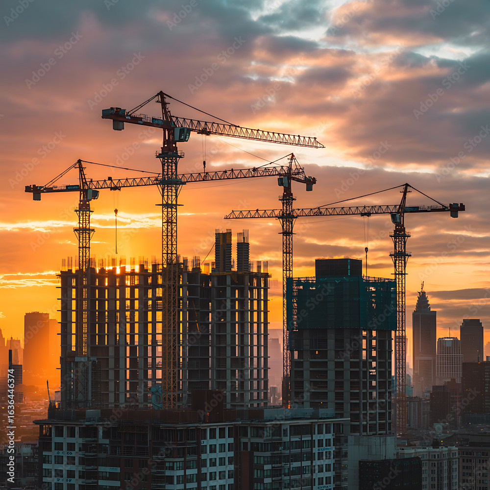 Fototapeta premium Dramatic Sunset Over Urban Construction Site with Tower Cranes