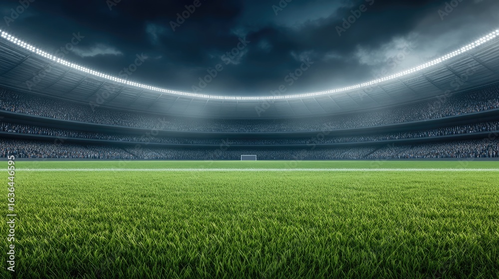 Fototapeta premium A vibrant green football field illuminated by bright lights, set for an evening match at a local stadium with an enthusiastic crowd expected