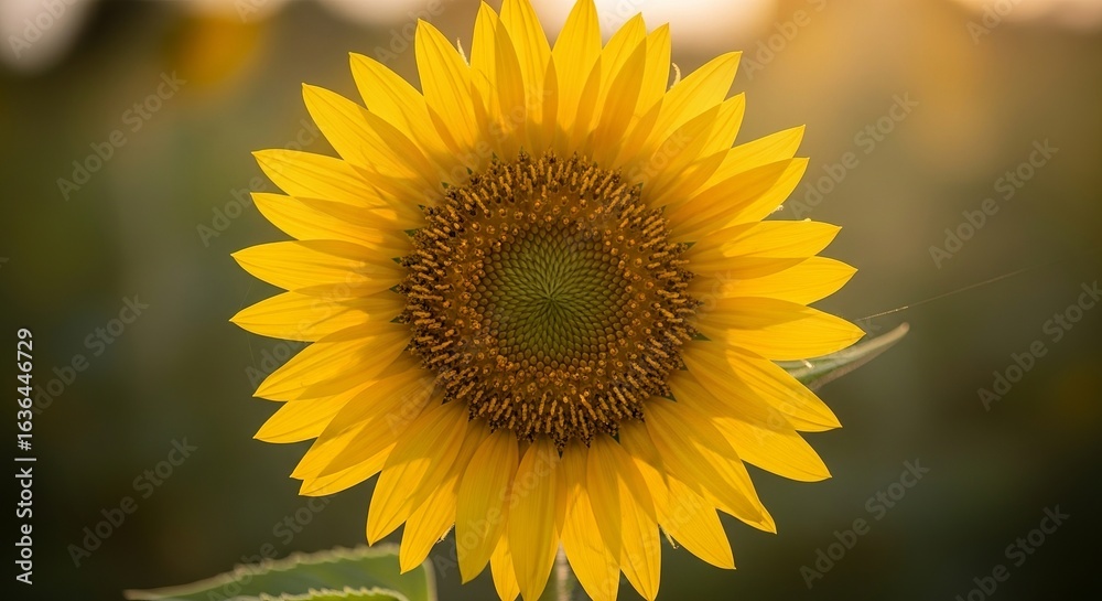 Obraz premium Close-up of a vibrant yellow sunflower in full bloom, basking in the warm golden hour sunlight with a beautifully blurred field background.