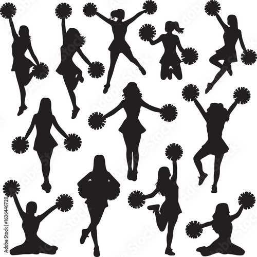 Collection of silhouette cheerleaders with pom poms in energetic poses on white background cheerleading