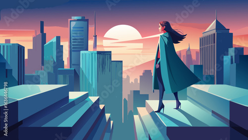 Young Woman in Flowing Teal Cloak Gazing at Abstract Cityscape During Twilight with Crescent Moon

