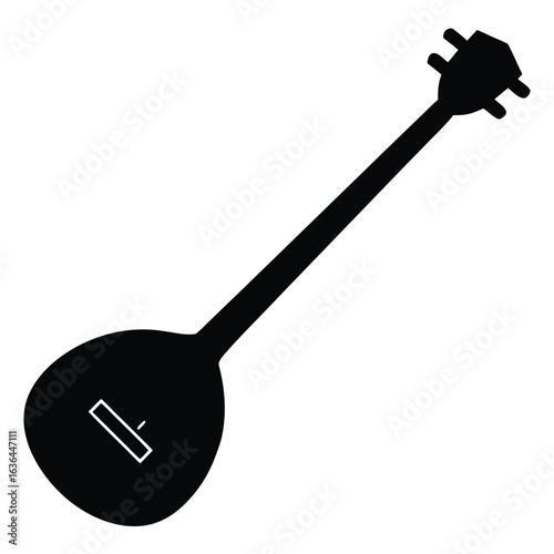 Photo of silhouette of a traditional turkish saz instrument isolated on white background, a stringed folk musical instrument with a long neck and round body