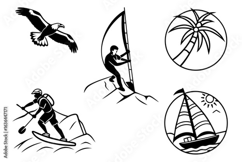 Summer water sports and travel icons