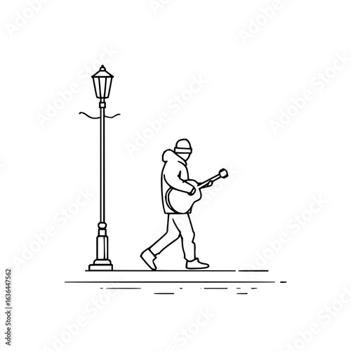 Line drawing of a musician walking with a guitar next to a street lamp in black and white