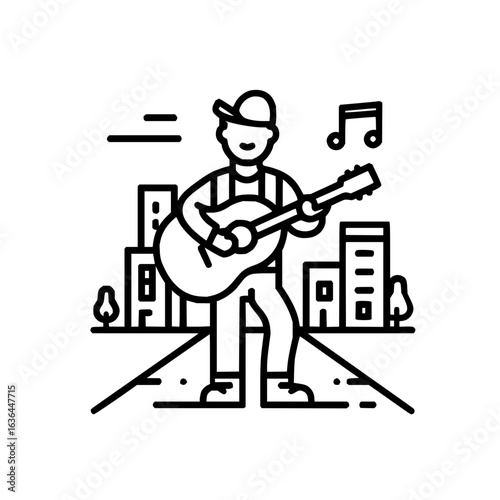 Man playing guitar in the city street with buildings and music notes creating a musical scene image