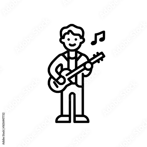 Man playing guitar icon in black and white with musical note above him for a music performance scene