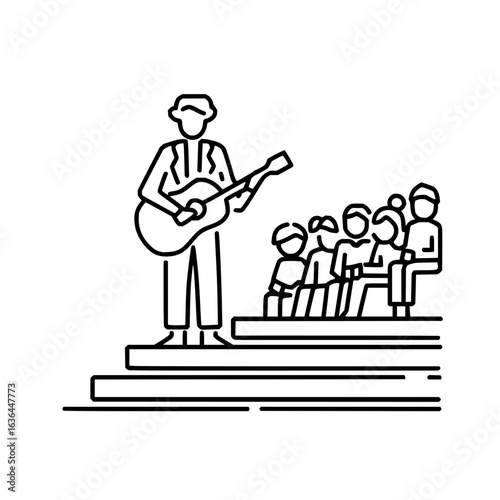 Guitarist performing for an audience on a stage in a simple line art style illustration design
