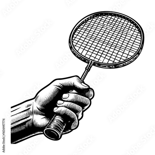 Detailed Engraving Illustration of hand holding badminton racket	vector hand drawing, isolated on transparent background.