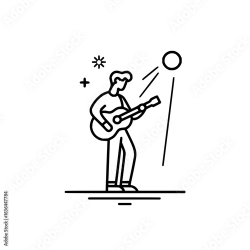 Man playing guitar on stage with spotlight and star decoration in line art style illustration