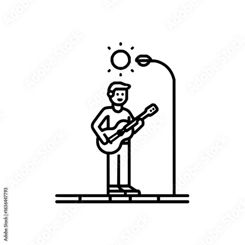 A musician playing guitar under a street lamp on a brick road under the sun is singing a song