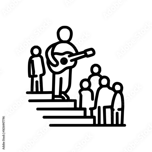 Guitarist performing on stage for audience with simple line art style and stick figures design