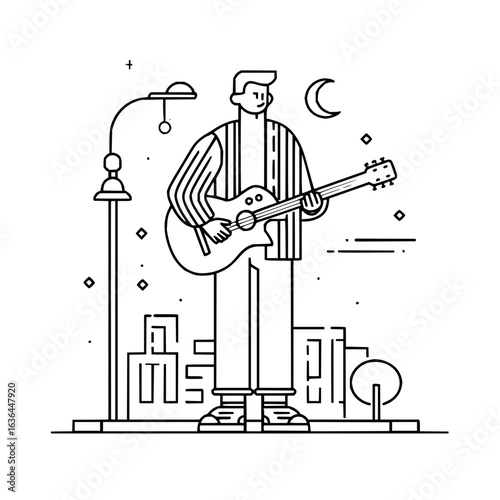 Man playing guitar in the city under the moonlight with buildings and street lamp design