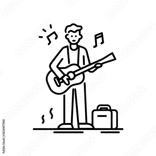Man playing guitar with music notes and suitcase in a simple black and white line drawing style