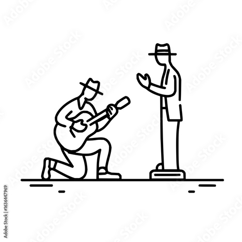 A guitarist serenades a statue with a song in a minimalist line drawing style artwork