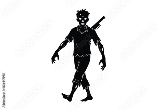 Silhouette of a walking zombie with a cleaver in its back, isolated on white background