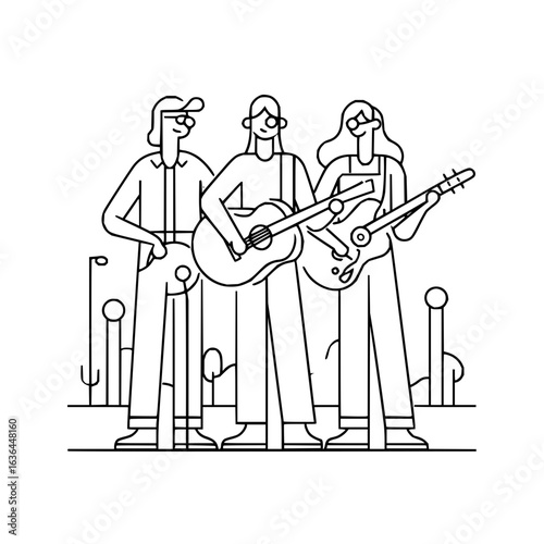 Line art illustration of three musicians playing guitars on a stage with minimalist design style