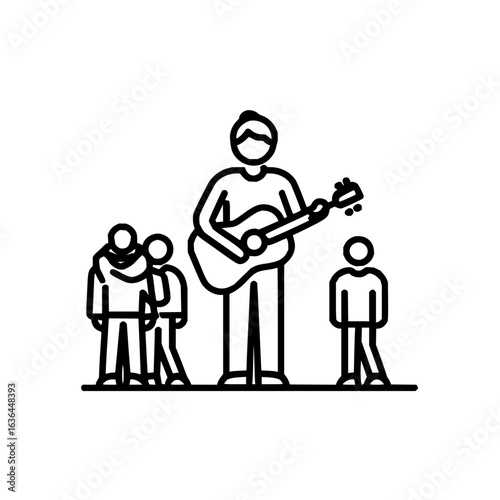 Guitarist performing for an audience of children in a simple line drawing style design here