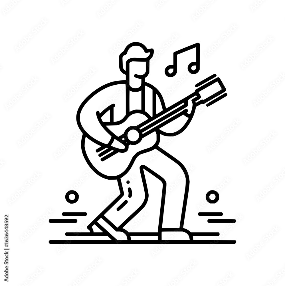 Obraz premium Man playing guitar with musical note in outline style vector illustration is shown here exactly