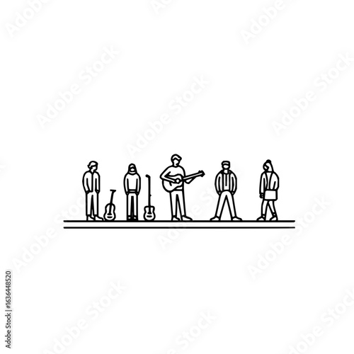Line art illustration of a street music band with people and guitars in a simple drawing style