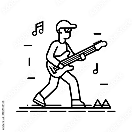 Man playing guitar with musical notes around him in a simple black and white outline style drawing