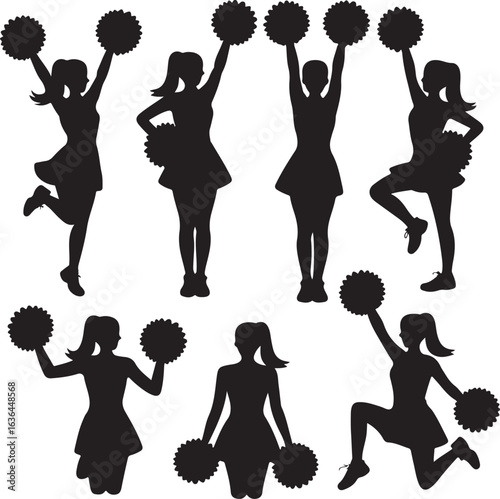 Six cheerleader silhouettes in various dynamic poses holding pom poms cheerleading female