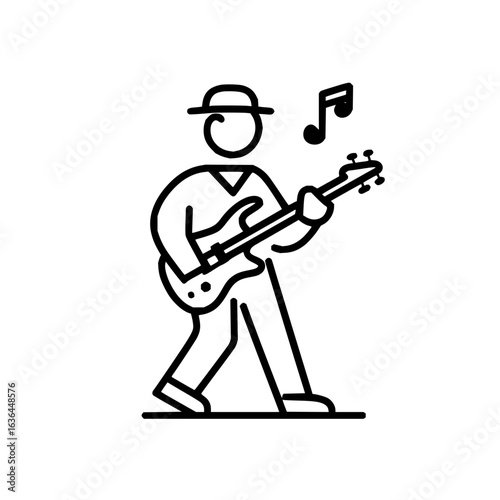Musician playing guitar with musical notes icon vector illustration in black and white style design