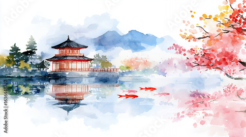 Serene watercolor painting depicting traditional pagoda by tranquil lake, surrounded by cherry blossoms and koi fish swimming