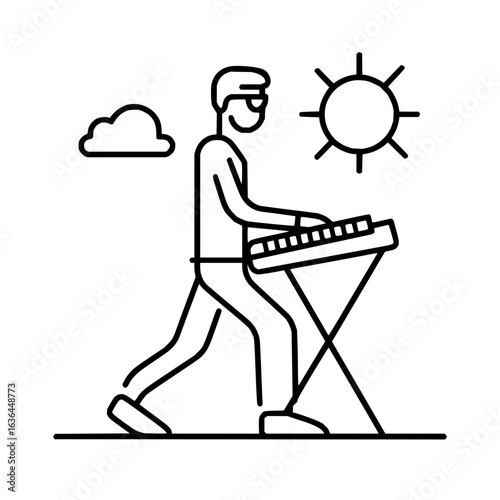 Man playing keyboard in nature with sun and cloud in the background vector outline drawing