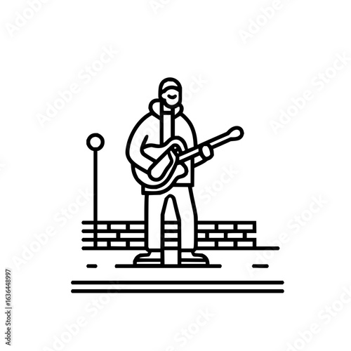 A musician playing guitar on the street near a wall and a lamppost in black and white line art