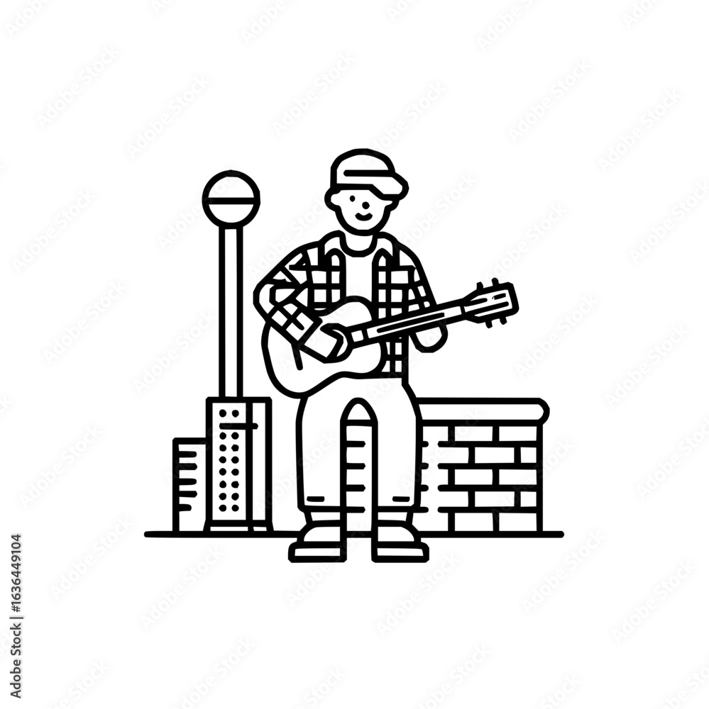Avenue musician performing with his guitar near a brick wall and a street lamp post icon art Avenue musician performing with his guitar near a brick wall and a street lamp post icon art