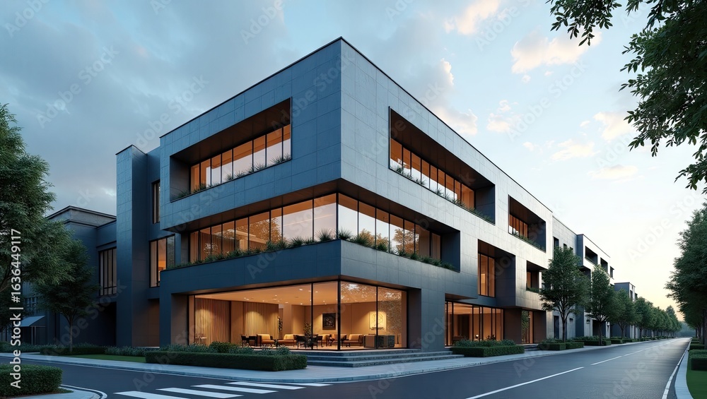Obraz premium Modern architectural building facade at twilight.
