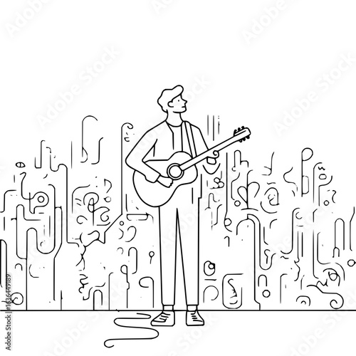 Man playing guitar with abstract background line art illustration design concept here now today