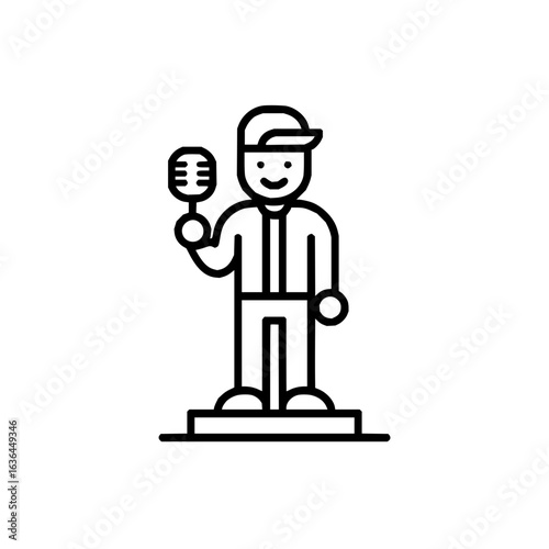 Person holding microphone on stage for performance with cap and jacket vector illustration