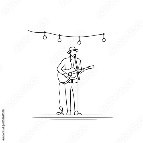 Man playing guitar on stage under string lights in a simple line drawing style illustration