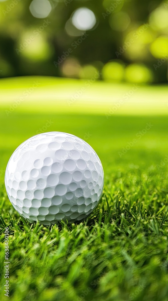 A white golf ball sits on the vibrant green grass, glistening under the warm sunlight at a well-maintained golf course during a sunny spring day A white golf ball sits on the vibrant green grass, glistening under the warm sunlight at a well-maintained golf course during a sunny spring day